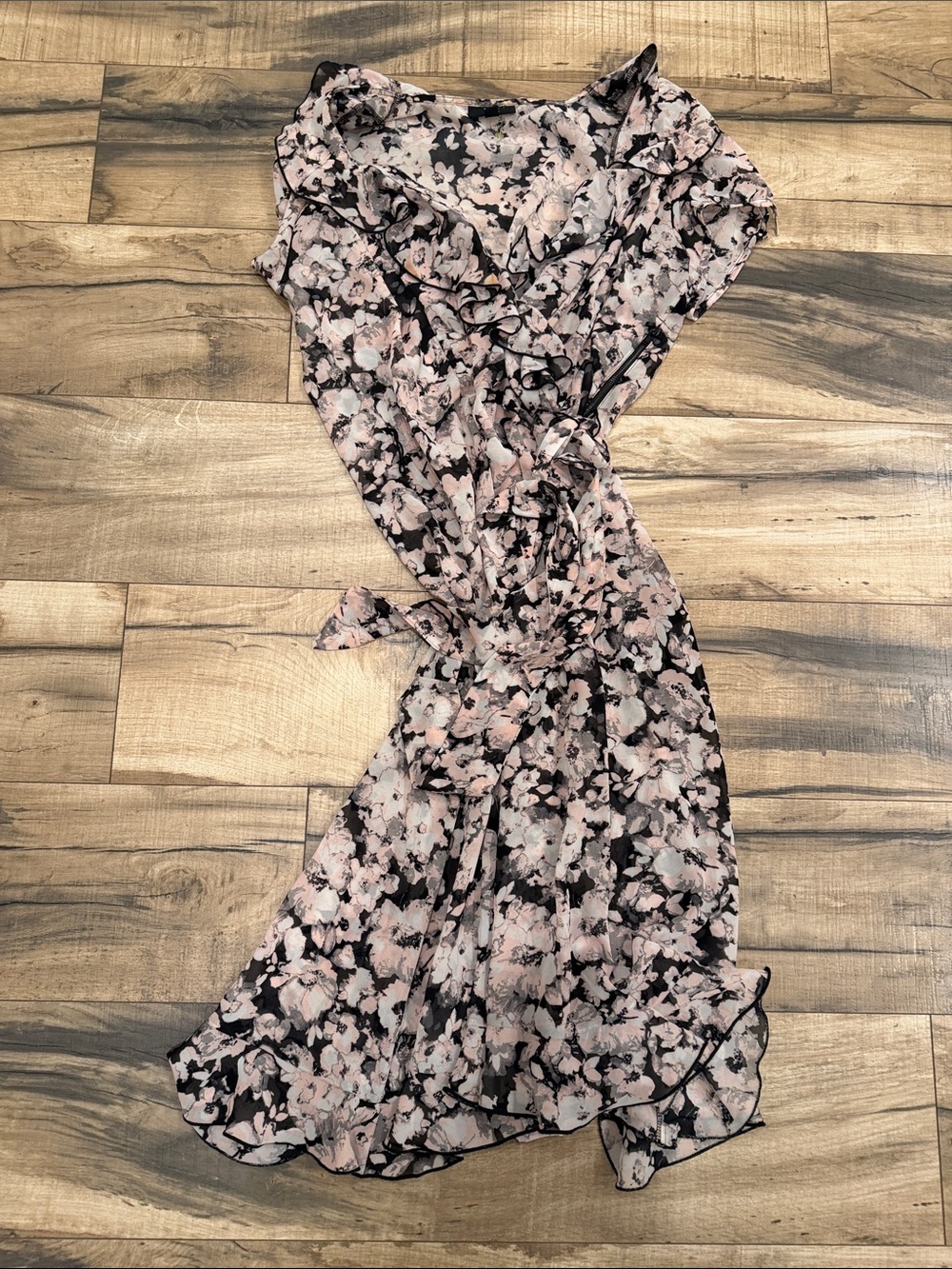 MSK Pink and Black Floral Midi Wrap Dress